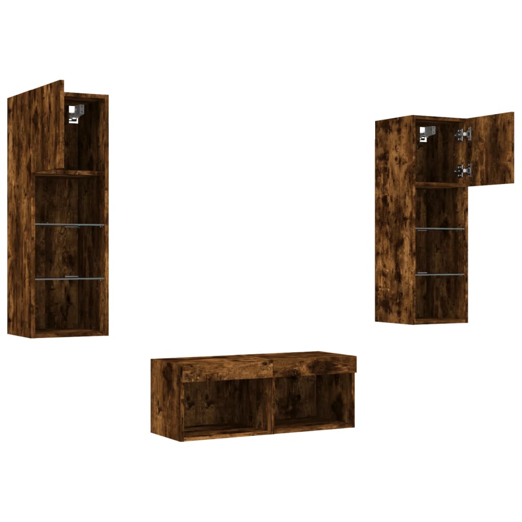 4 pcs móveis de parede para TV com luzes LED carvalho fumado