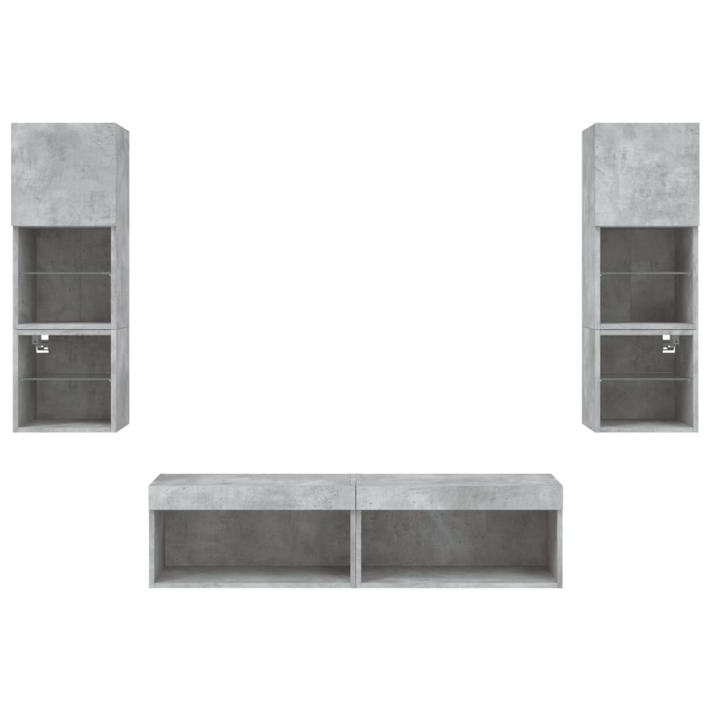 6 pcs móveis parede p/ TV c/ LEDs deriv. madeira cinza cimento