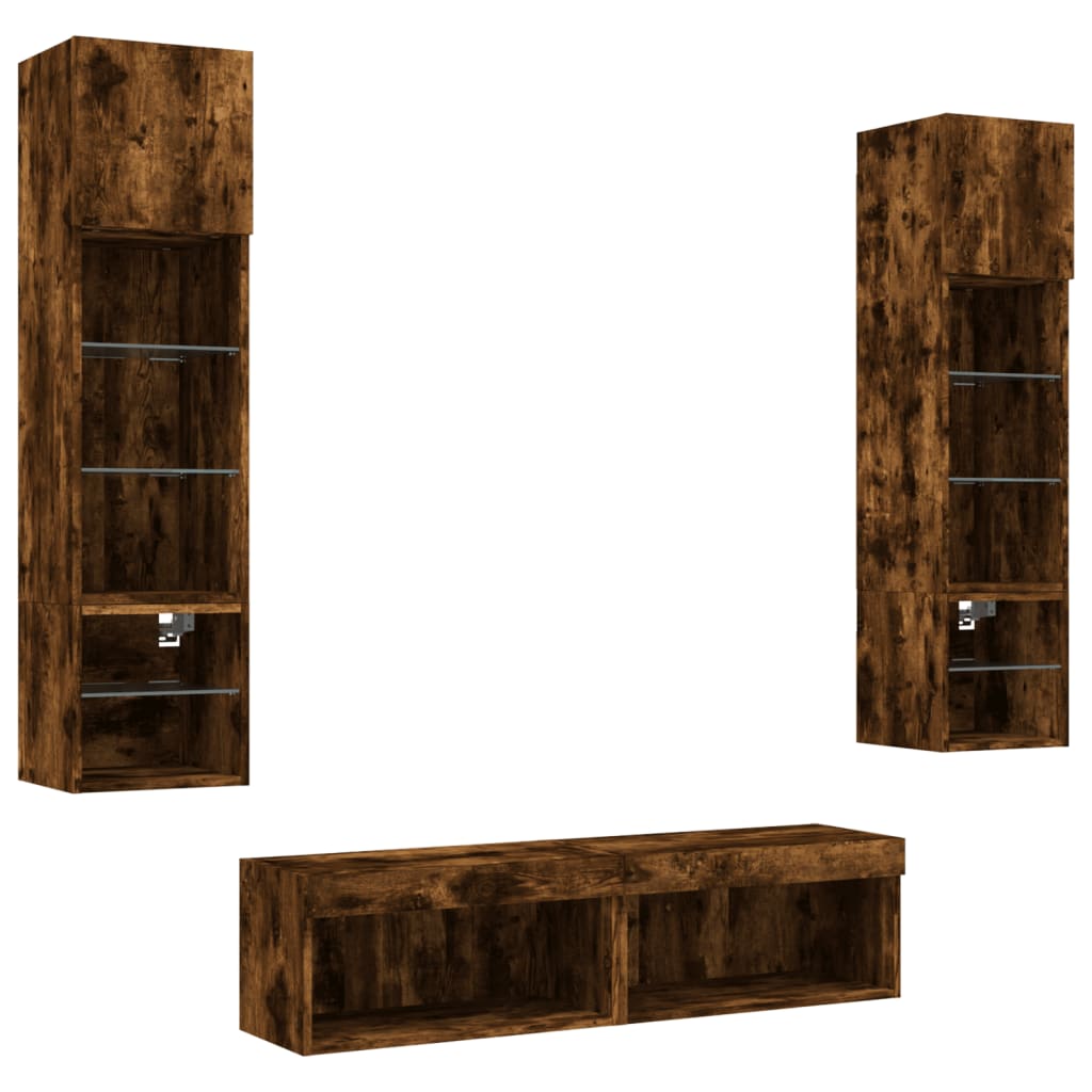 6pcs móveis parede p/ TV c/ LEDs deriv. madeira carvalho fumado