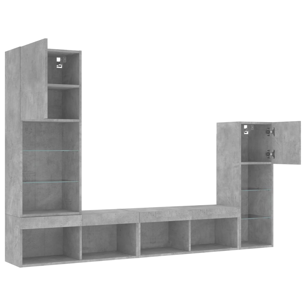 4 pcs móveis parede p/ TV c/ LEDs deriv. madeira cinza cimento