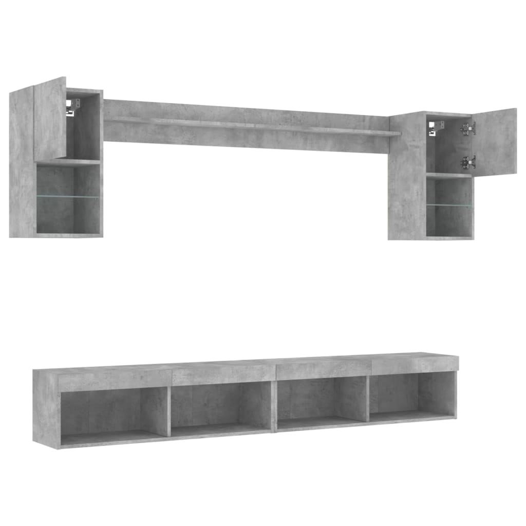 6 pcs móveis parede p/ TV c/ LEDs deriv. madeira cinza cimento