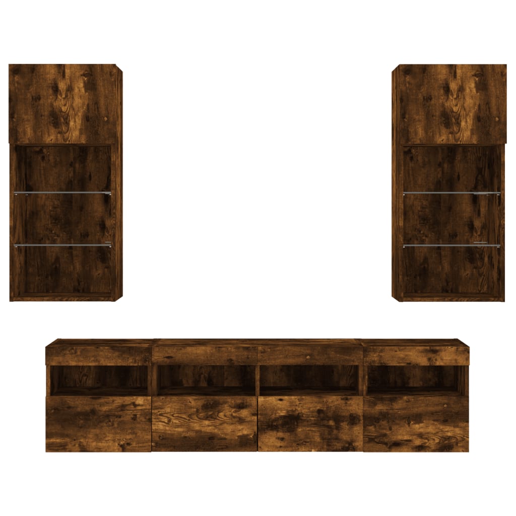 5pcs móveis parede p/ TV c/ LEDs deriv. madeira carvalho fumado