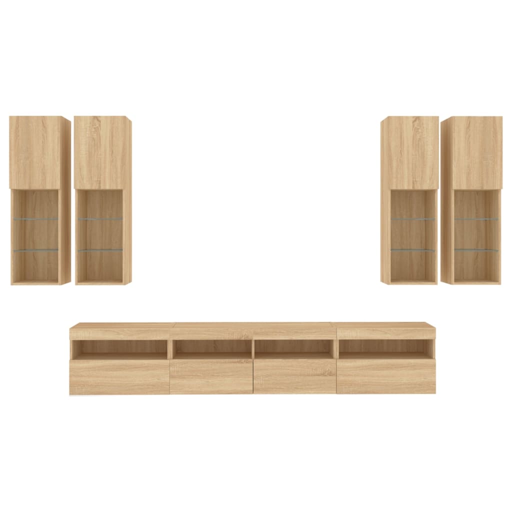 7 pcs conj. móveis de parede p/ TV c/ luzes LED carvalho sonoma