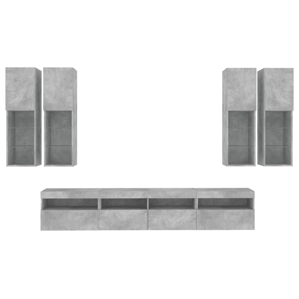 7 pcs conj. móveis de parede p/ TV luzes LED cinzento cimento