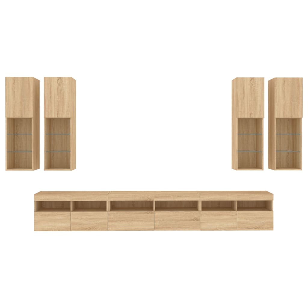 7 pcs conj. móveis de parede p/ TV c/ luzes LED carvalho sonoma