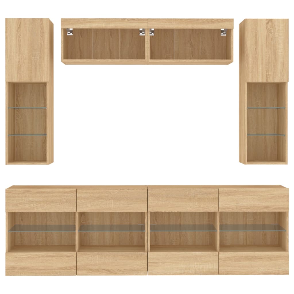 6 pcs conj. móveis de parede p/ TV c/ luzes LED carvalho sonoma