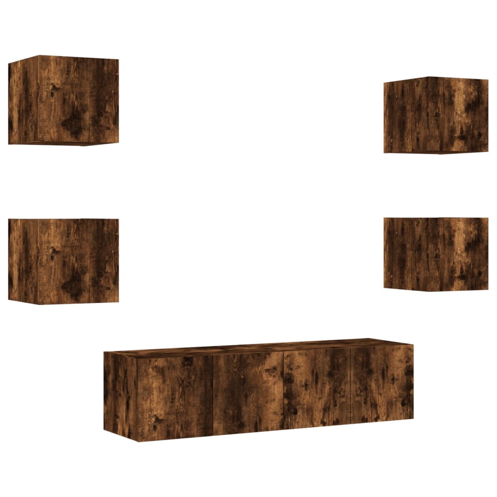 6pcs móveis parede p/ TV c/ LEDs deriv. madeira carvalho fumado