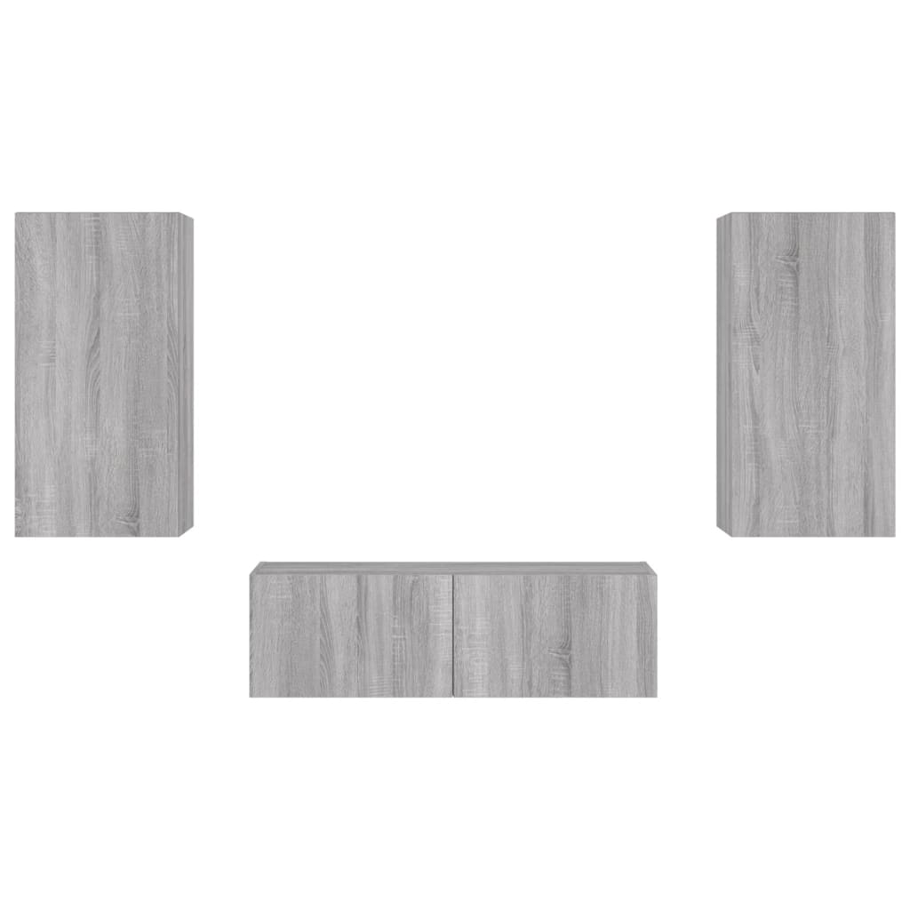 3 pcs móveis de parede para TV com luzes LED cinzento sonoma