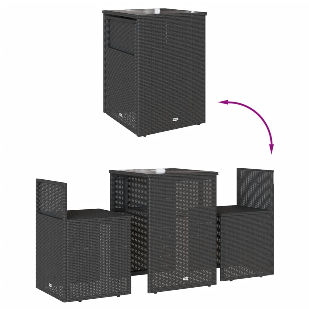 3 pcs conjunto de bistrô com almofadões vime PE preto