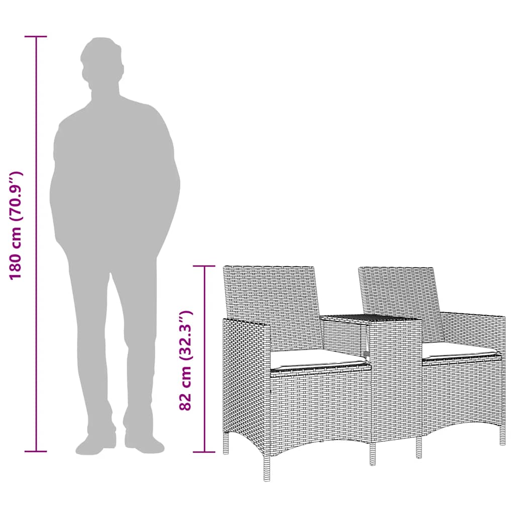 Sofá de jardim c/ mesa e almofadões 2 lugares vime PE bege