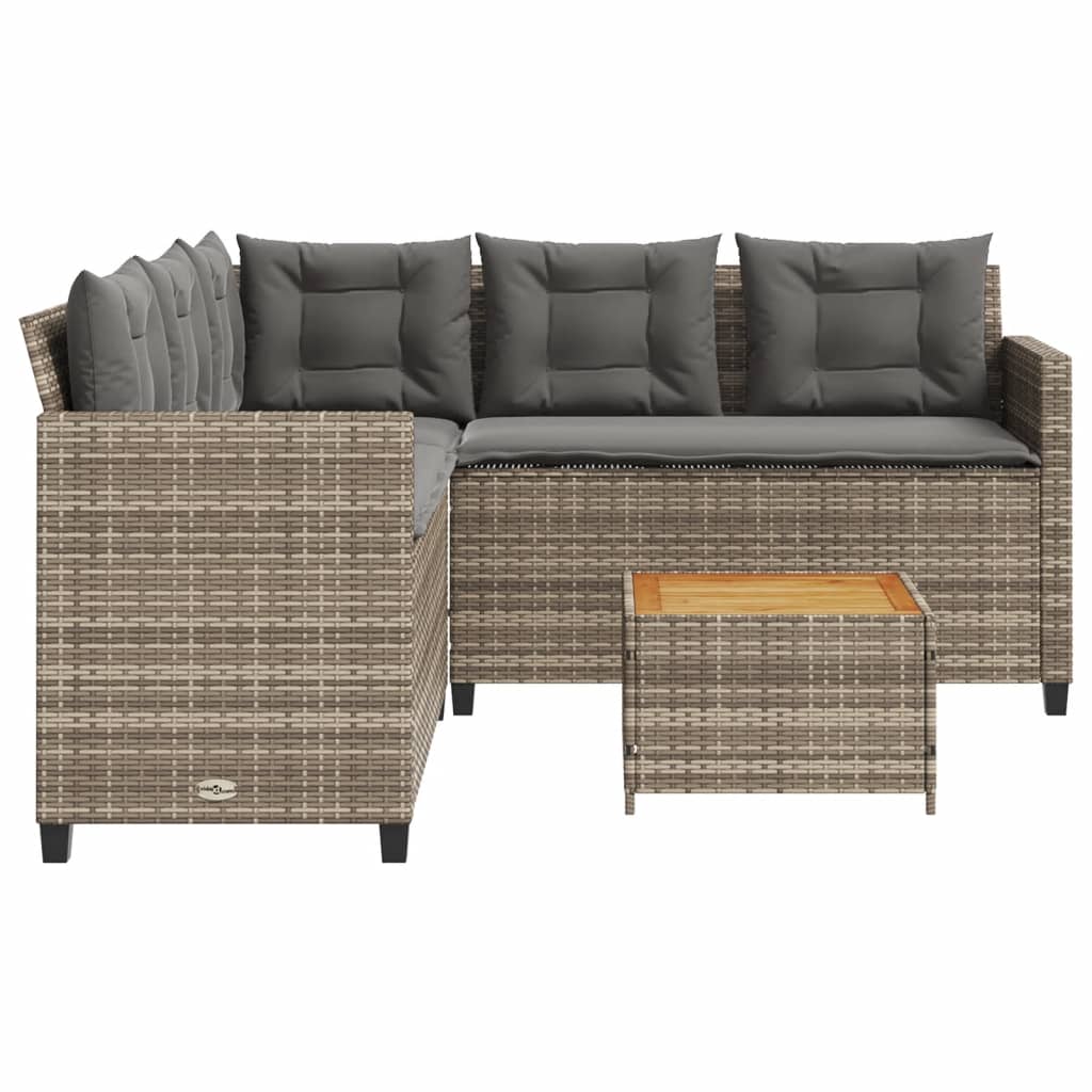 Sofá de jardim forma de L c/ mesa e almofadões vime PE cinzento