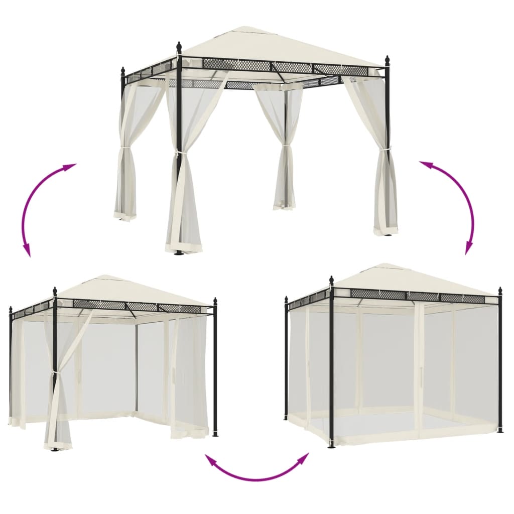 Gazebo com paredes de malha 2,93x2,93 m aço creme