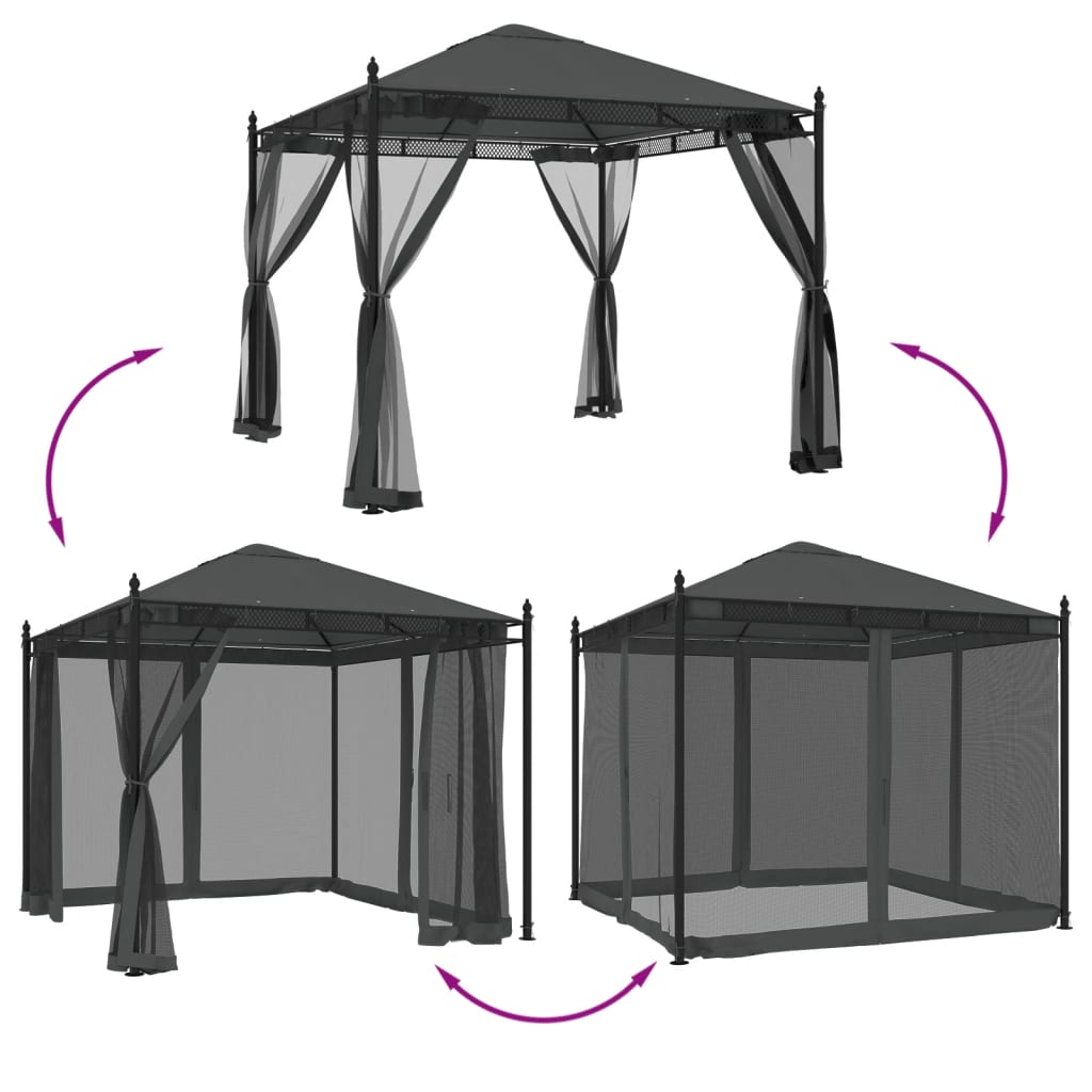 Gazebo com paredes de malha 2,93x2,93 m aço antracite