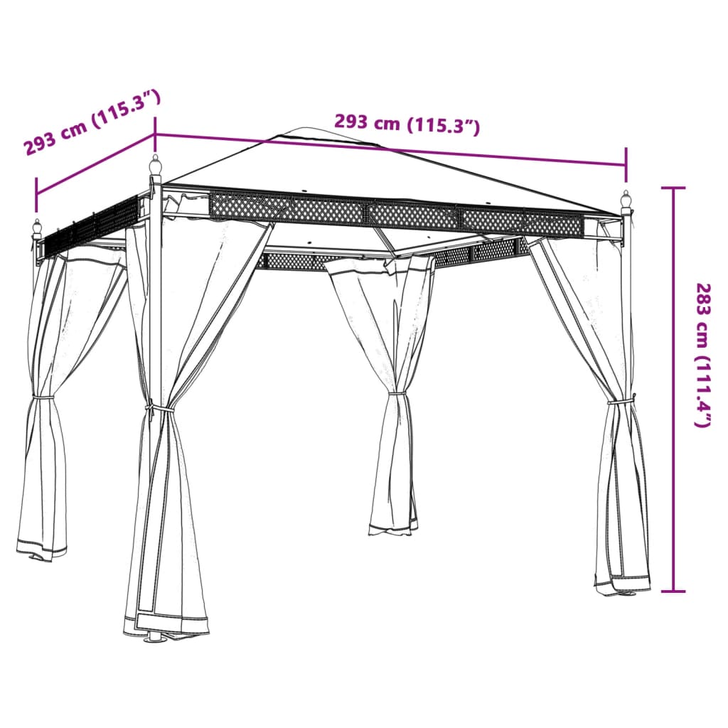 Gazebo com paredes de malha 2,93x2,93 m aço antracite