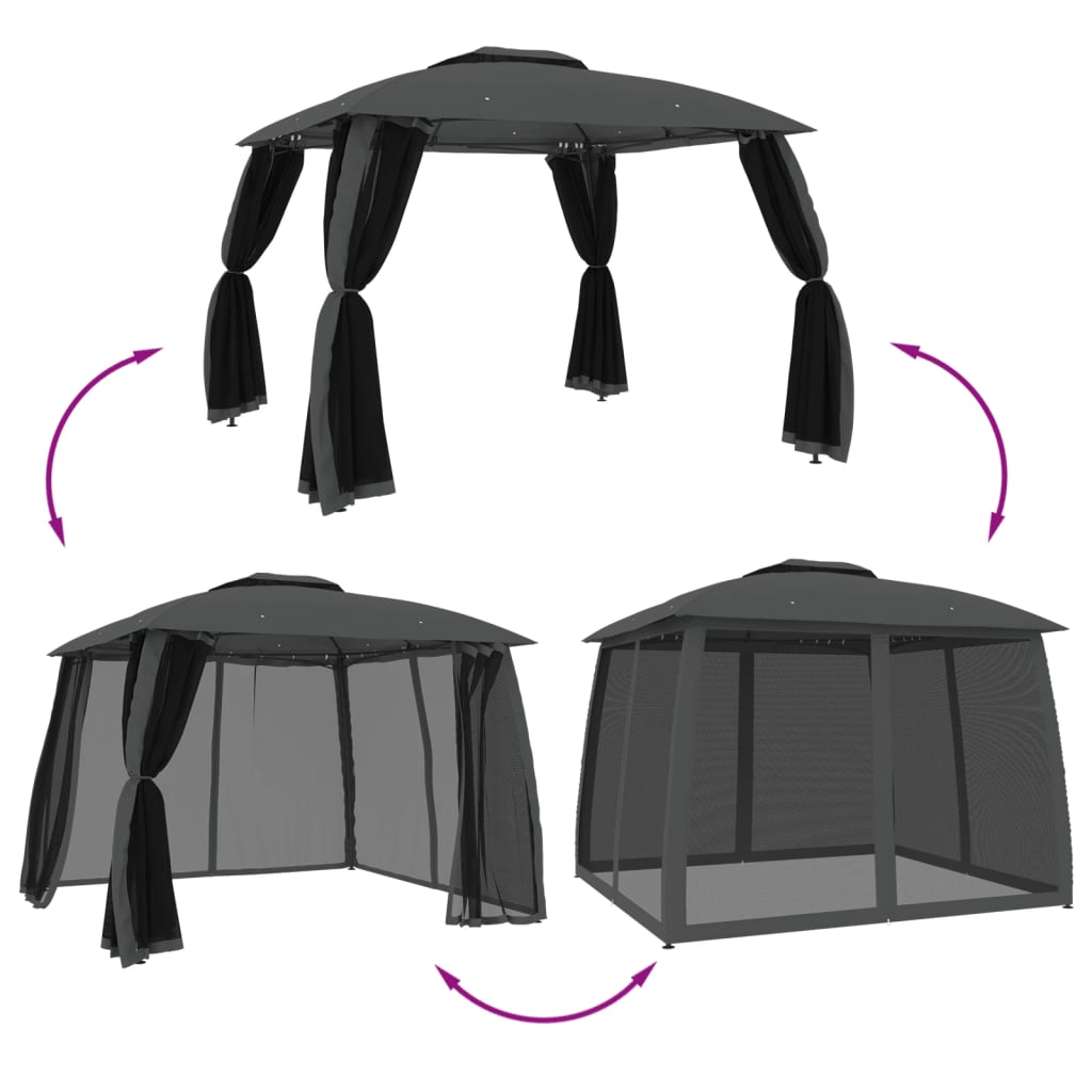 Gazebo c/ teto duplo/paredes de malha 2,93x2,93 m aço antracite
