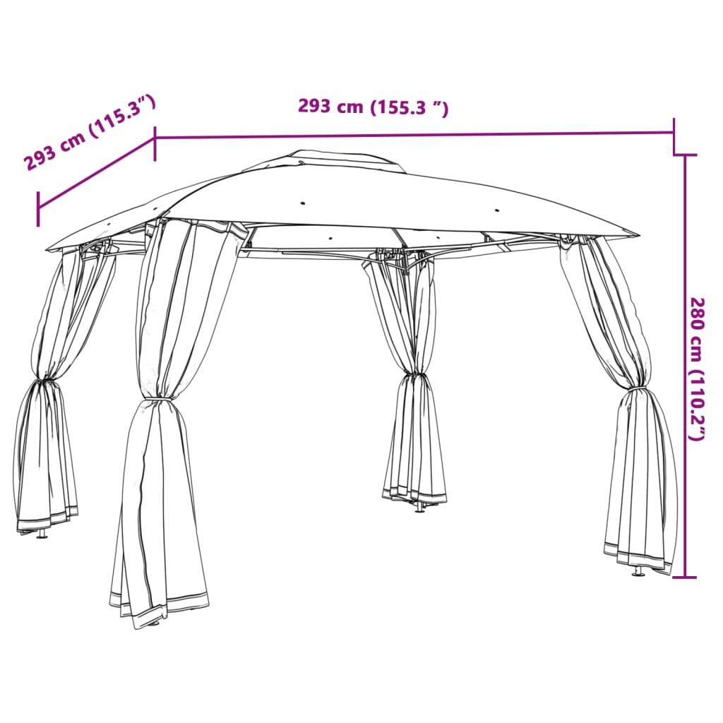 Gazebo c/ teto duplo/paredes de malha 2,93x2,93 m aço antracite