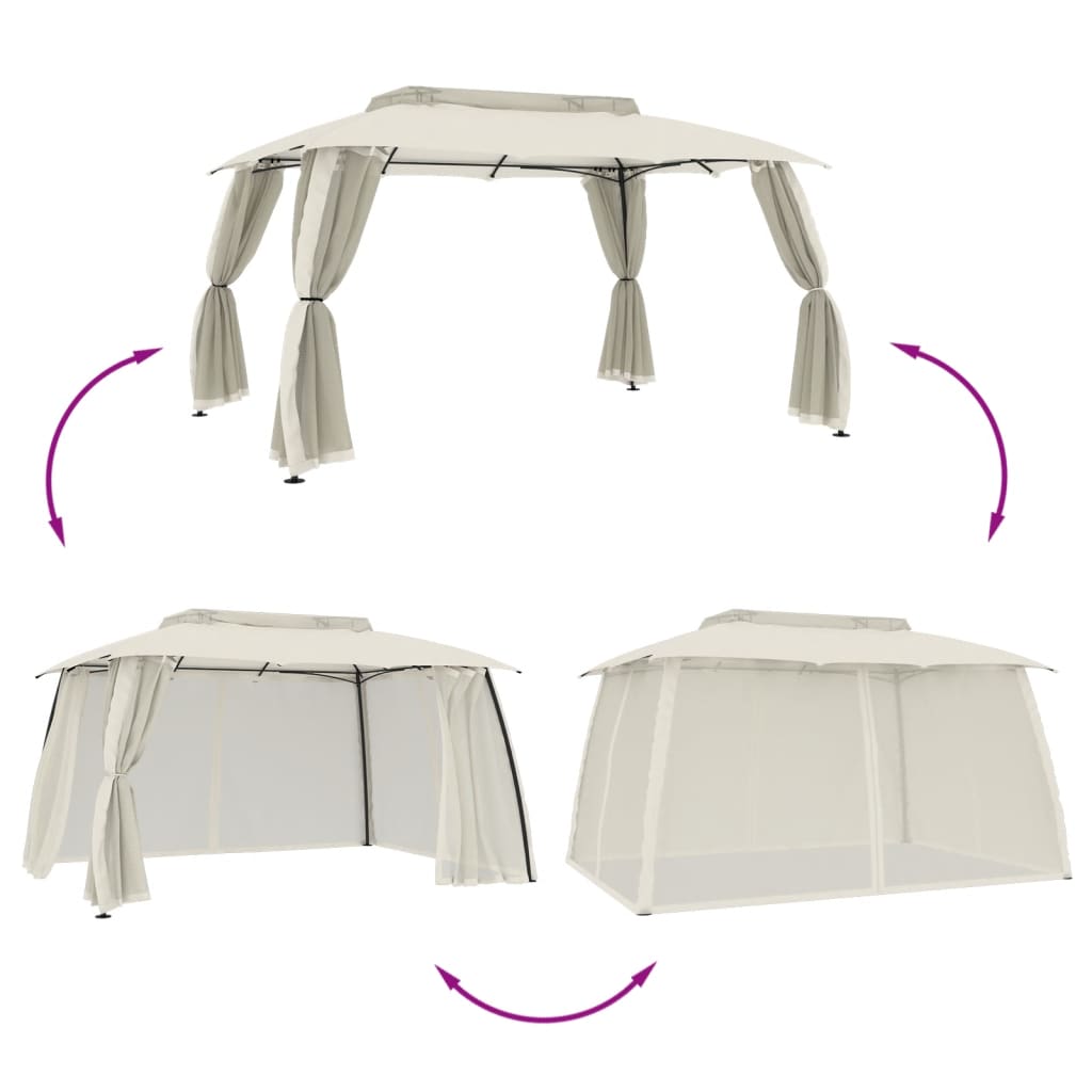 Gazebo c/ teto duplo/paredes de malha 3,93x2,93 m aço creme