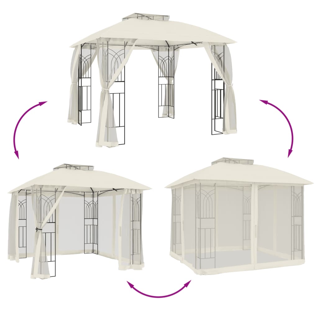 Gazebo c/ teto duplo/paredes de malha 2,94x2,94 m aço creme