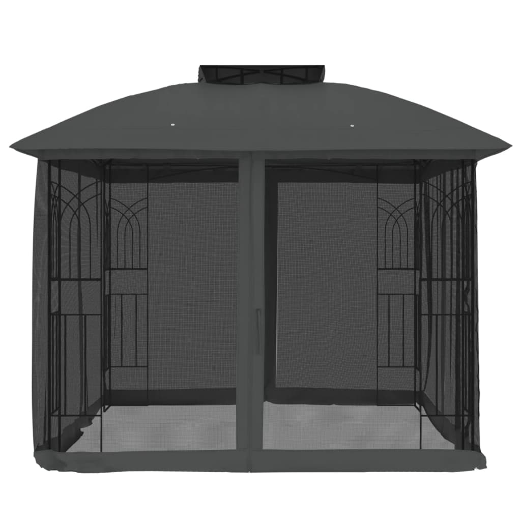 Gazebo c/ teto duplo/paredes de malha 2,94x2,94 m aço antracite