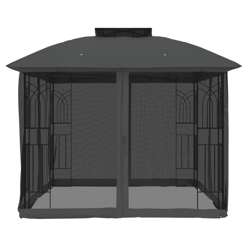 Gazebo c/ teto duplo/paredes de malha 2,94x2,94 m aço antracite