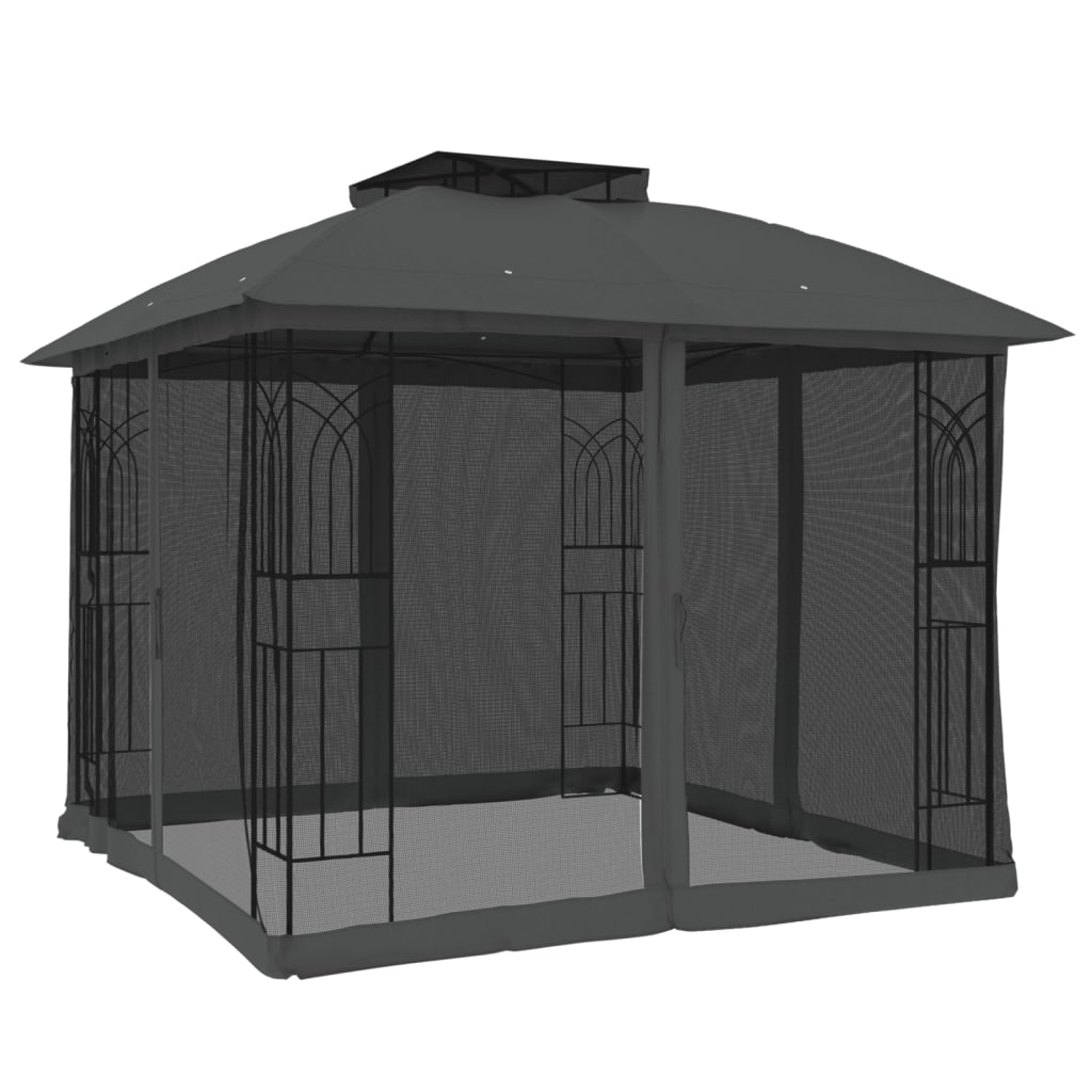 Gazebo c/ teto duplo/paredes de malha 2,94x2,94 m aço antracite