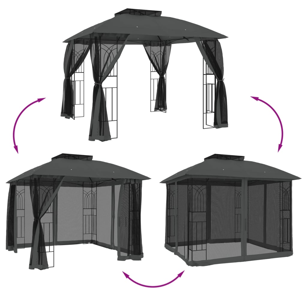 Gazebo c/ teto duplo/paredes de malha 2,94x2,94 m aço antracite