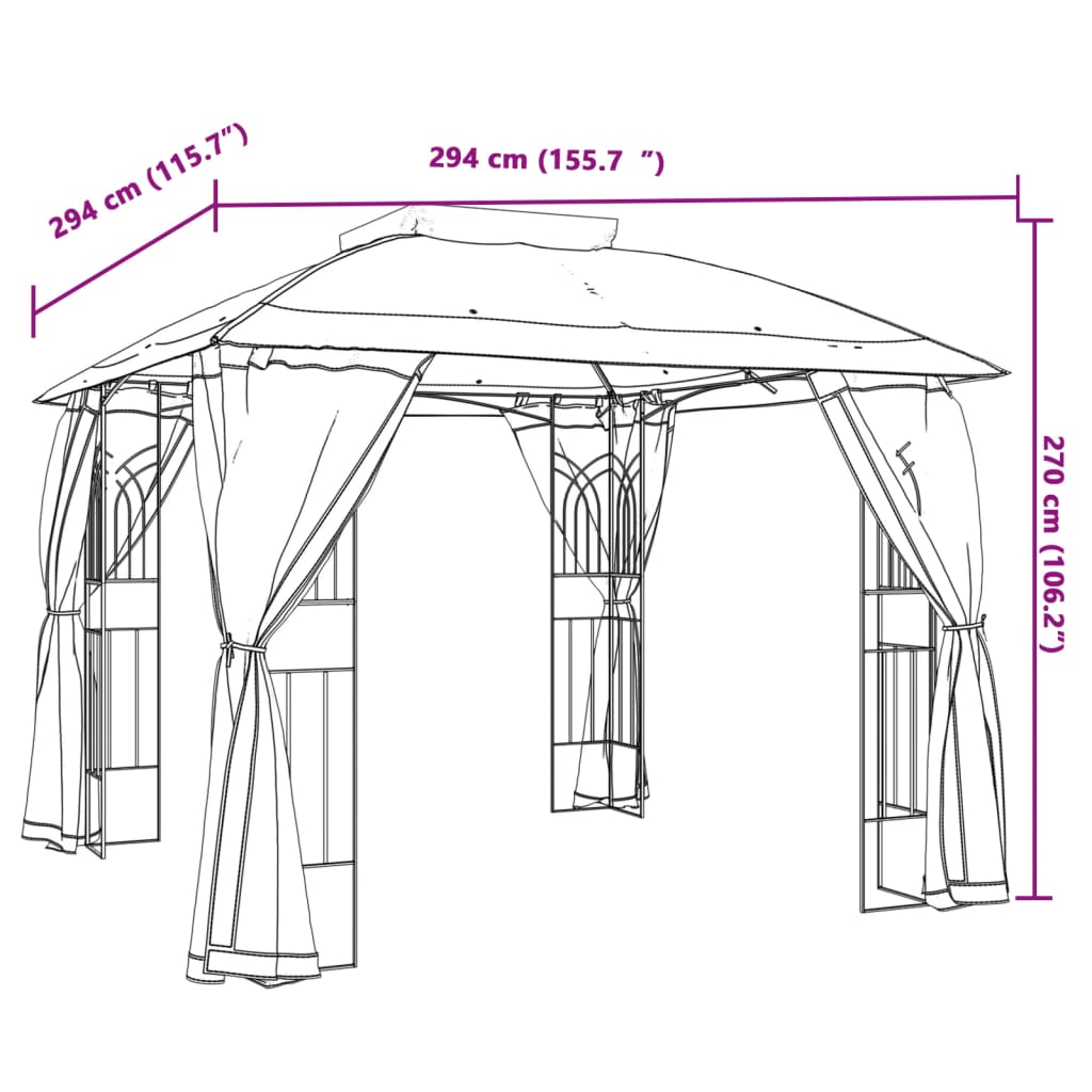 Gazebo c/ teto duplo/paredes de malha 2,94x2,94 m aço antracite