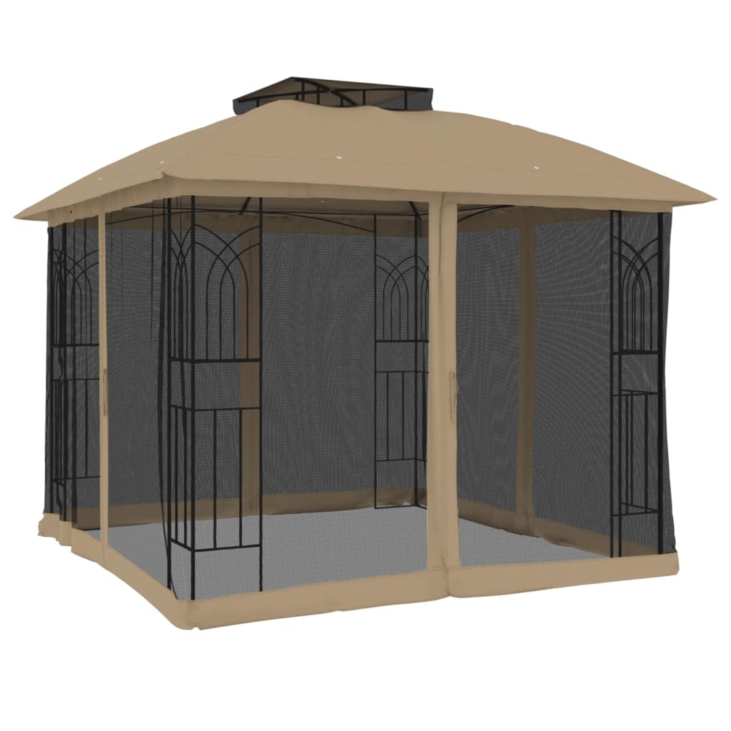 Gazebo c/ teto duplo/paredes de malha aço cinzento-acastanhado