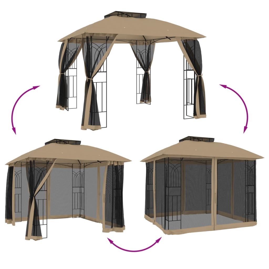 Gazebo c/ teto duplo/paredes de malha aço cinzento-acastanhado