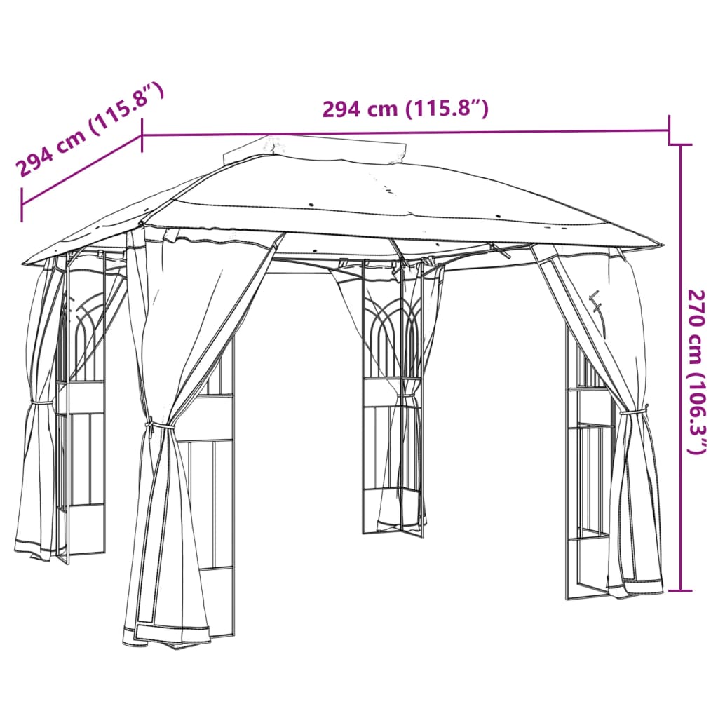 Gazebo c/ teto duplo/paredes de malha aço cinzento-acastanhado