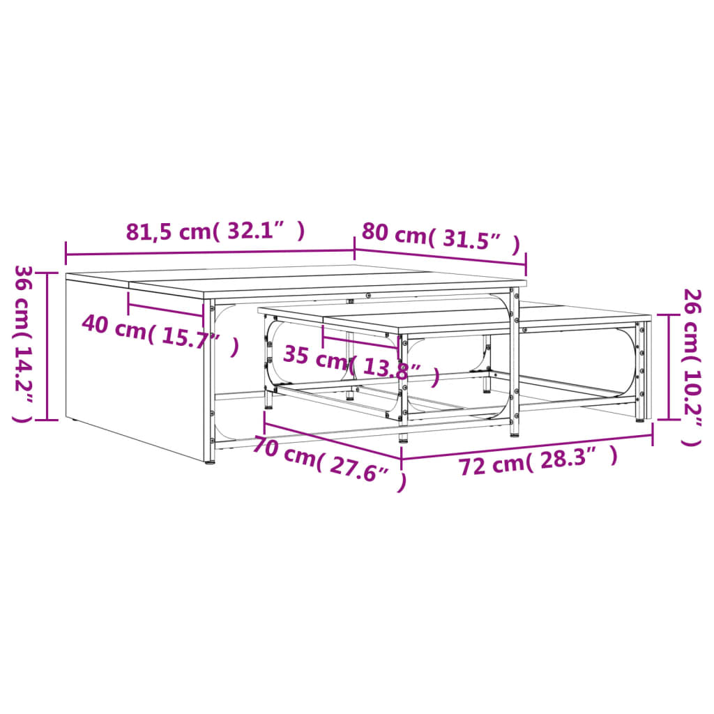 Mesa centro encastrar 2pcs deriv. madeira/metal carvalho sonoma