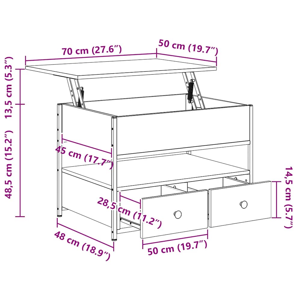 Mesa de centro 70x50x50 cm deriv. madeira/metal carvalho fumado