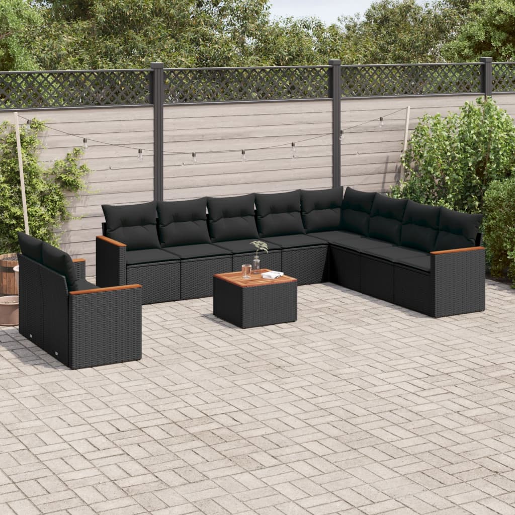 11 pcs conjunto sofás de jardim c/ almofadões vime PE preto