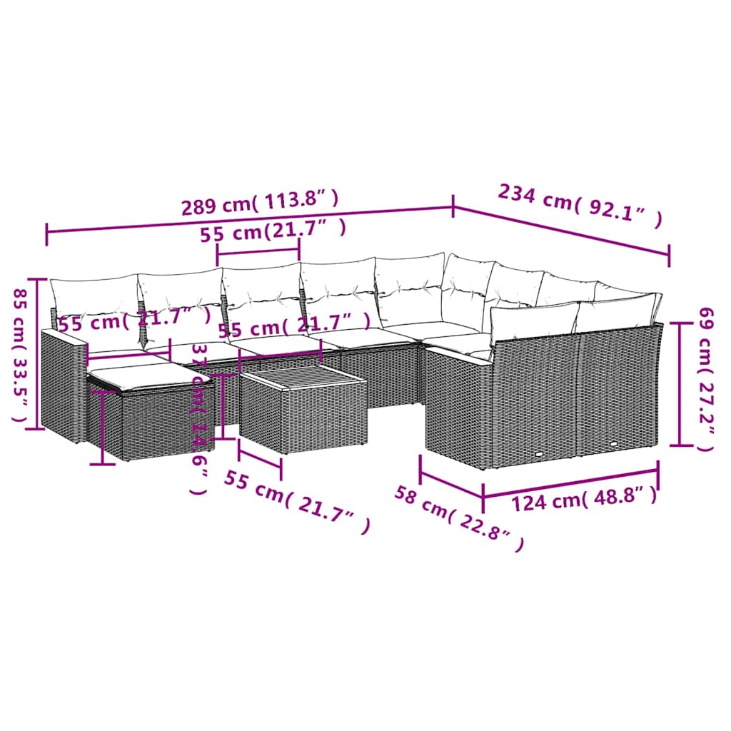 11 pcs conjunto sofás de jardim c/ almofadões vime PE preto
