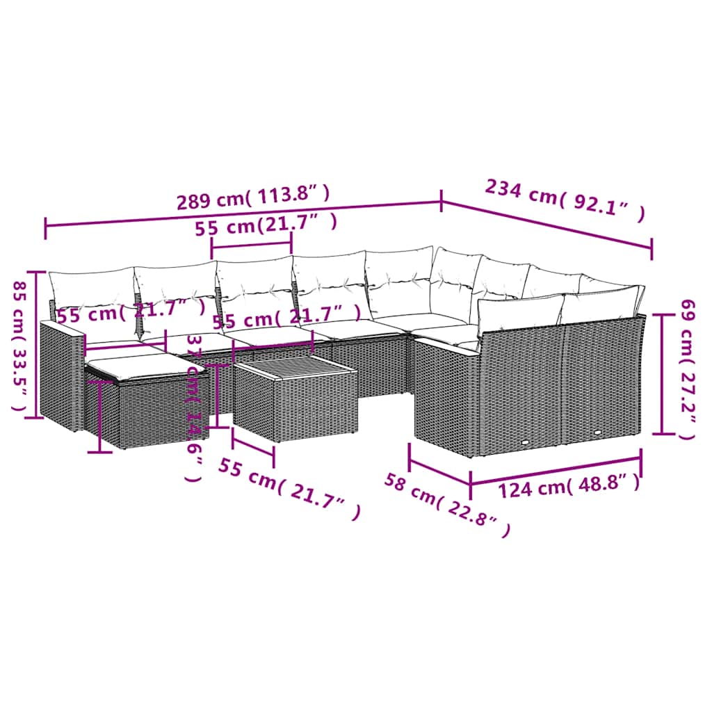 11 pcs conjunto sofás de jardim c/ almofadões vime PE bege