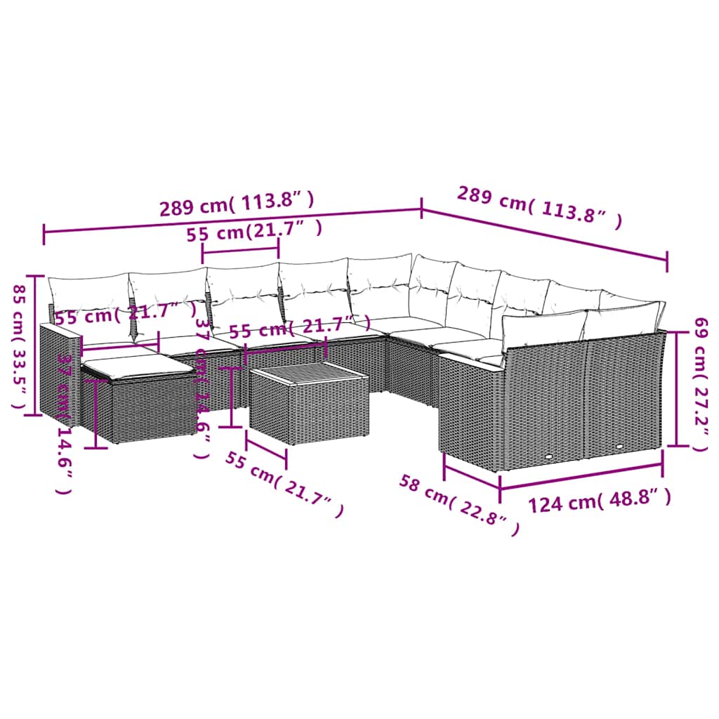 12 pcs conjunto de sofás p/ jardim com almofadões vime PE bege