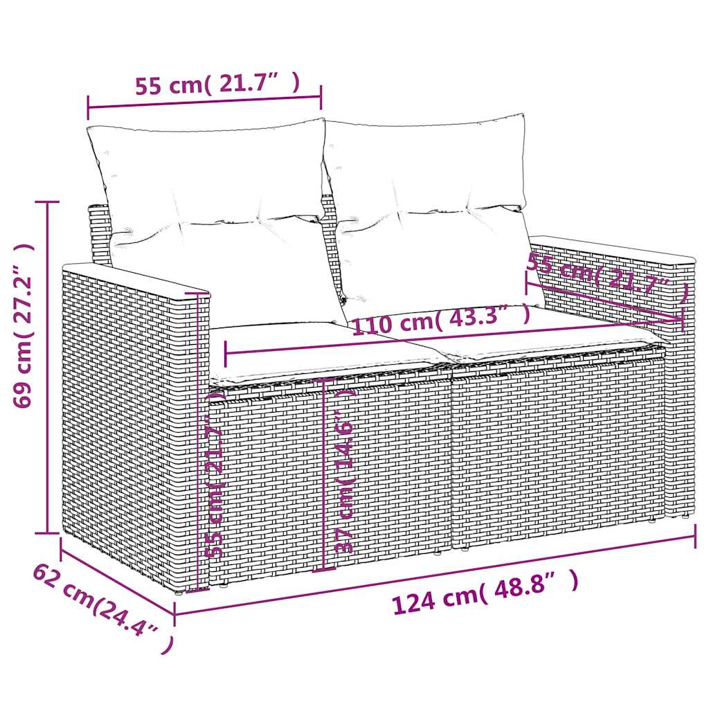 7 pcs conjunto sofás p/ jardim c/ almofadões vime PE cinzento