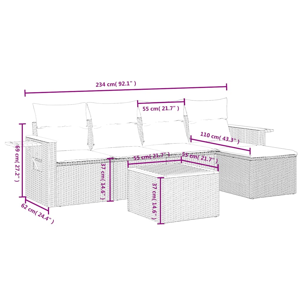 6 pcs conjunto sofás p/ jardim c/ almofadões vime PE cinzento