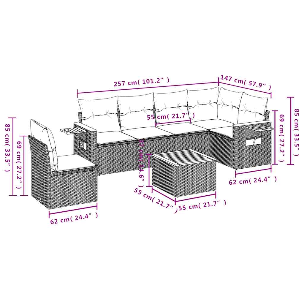 7 pcs conjunto sofás p/ jardim c/ almofadões vime PE cinzento