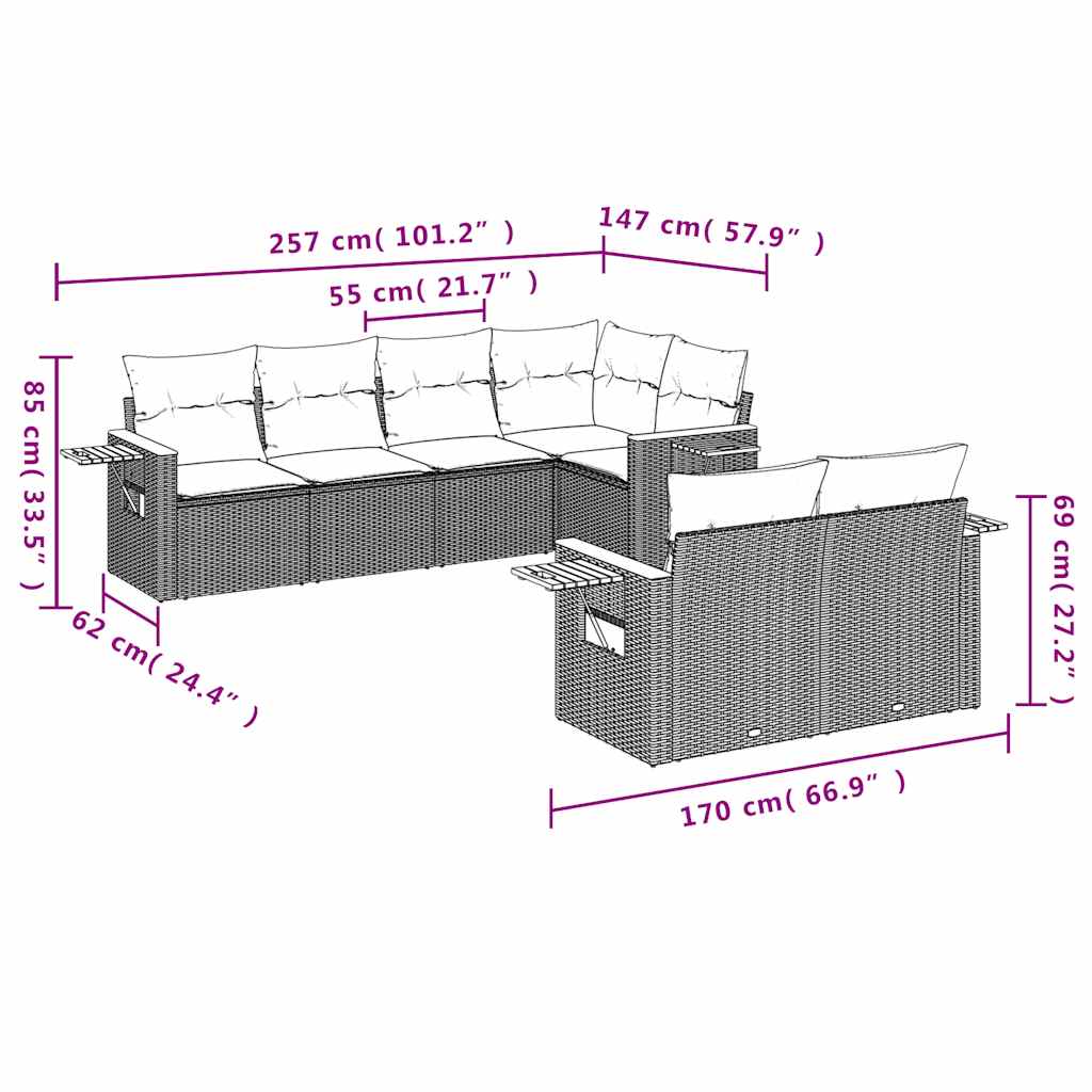 7 pcs conjunto sofás p/ jardim c/ almofadões vime PE cinzento
