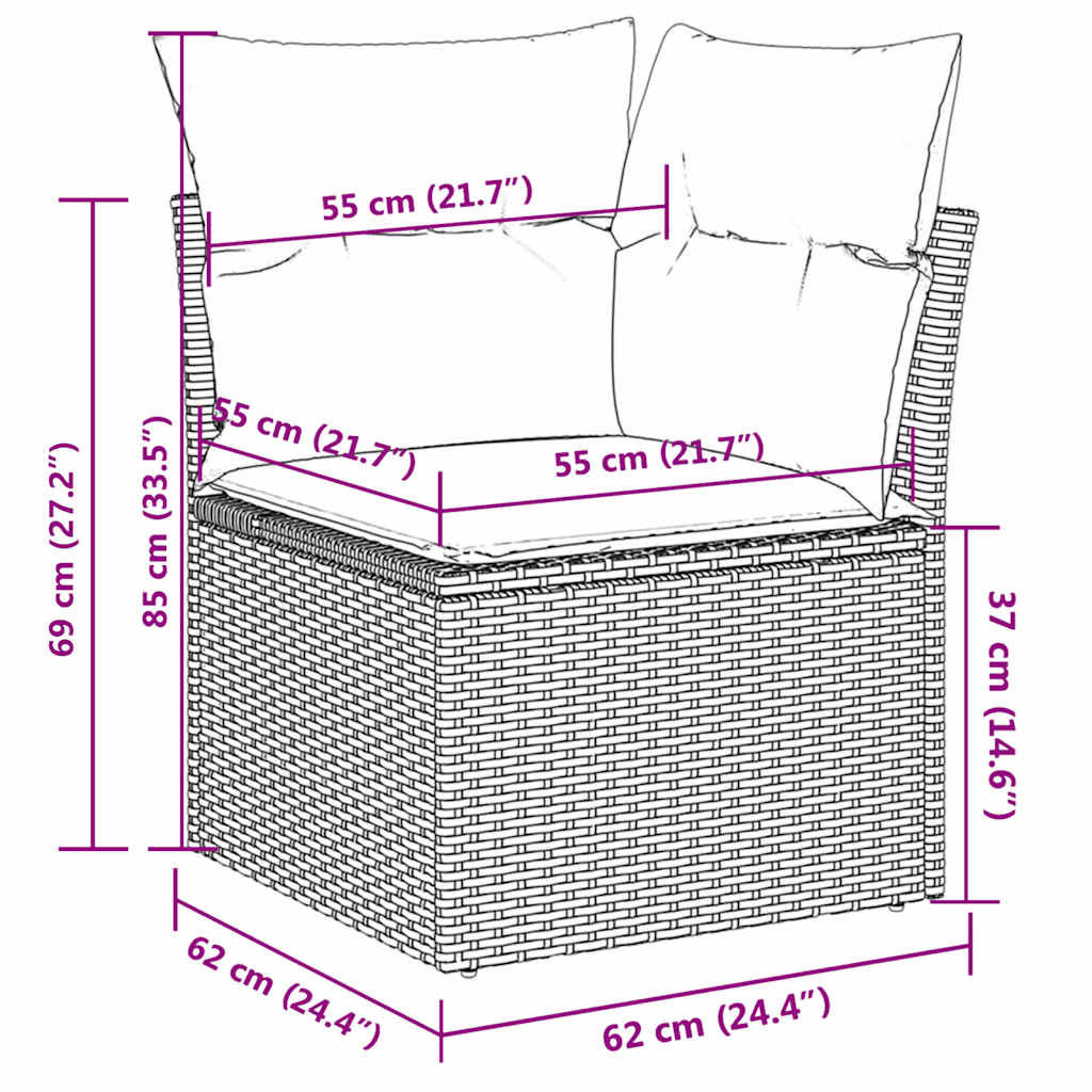 7 pcs conjunto sofás p/ jardim c/ almofadões vime PE cinzento