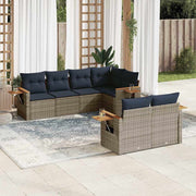 7 pcs conjunto sofás p/ jardim c/ almofadões vime PE cinzento