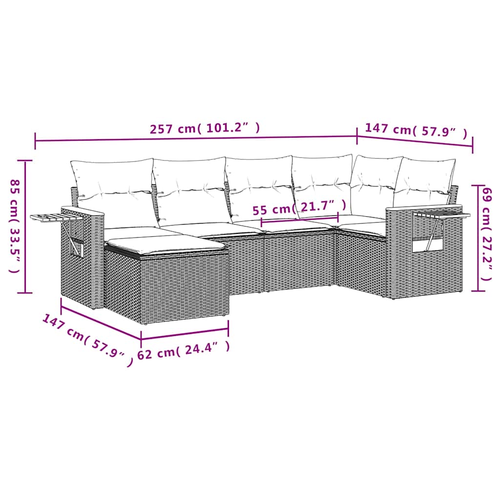 6 pcs conjunto sofás p/ jardim c/ almofadões vime PE cinzento