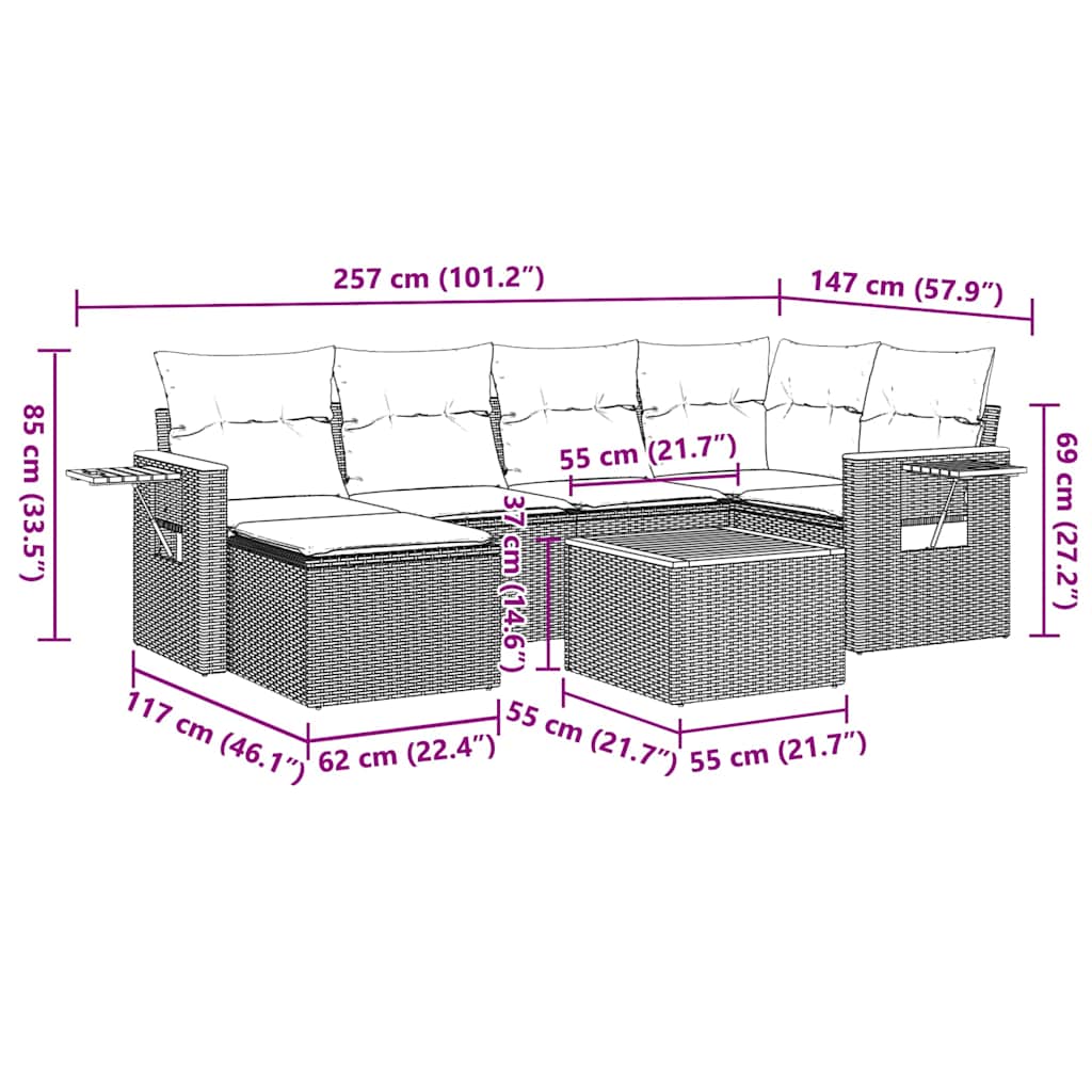 7 pcs conjunto de sofás p/ jardim c/ almofadões vime PE preto