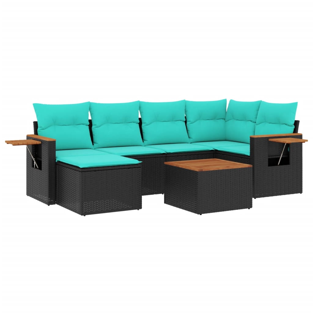 7 pcs conjunto de sofás p/ jardim c/ almofadões vime PE preto