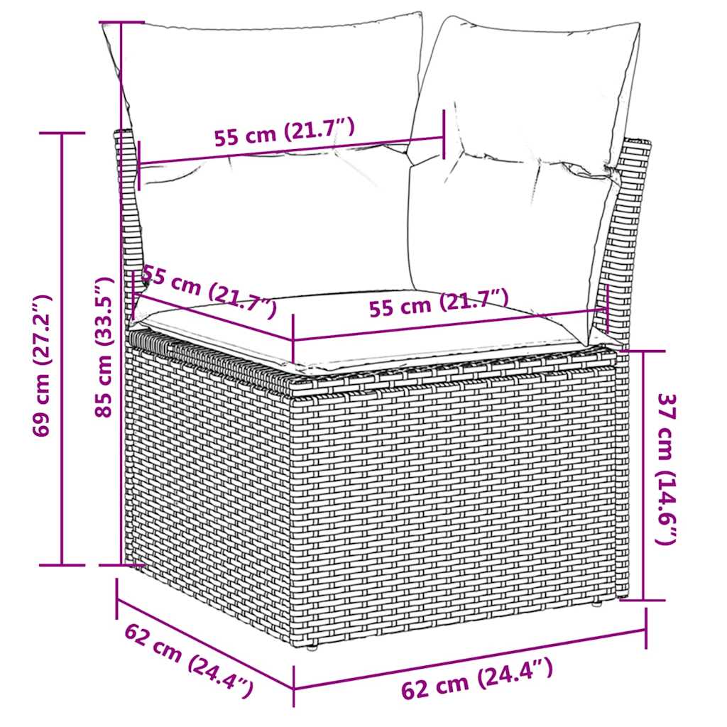 7 pcs conjunto sofás p/ jardim c/ almofadões vime PE cinzento