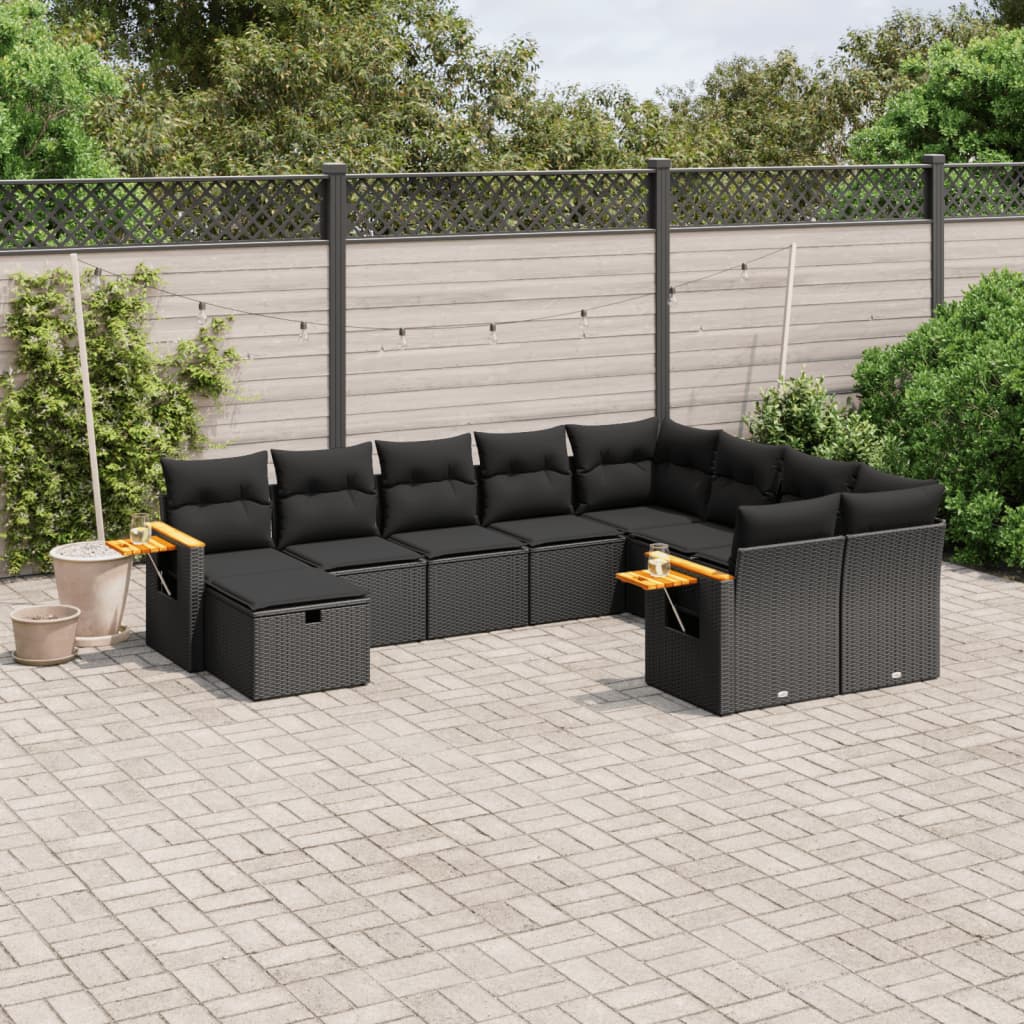 10 pcs conjunto sofás de jardim c/ almofadões vime PE preto