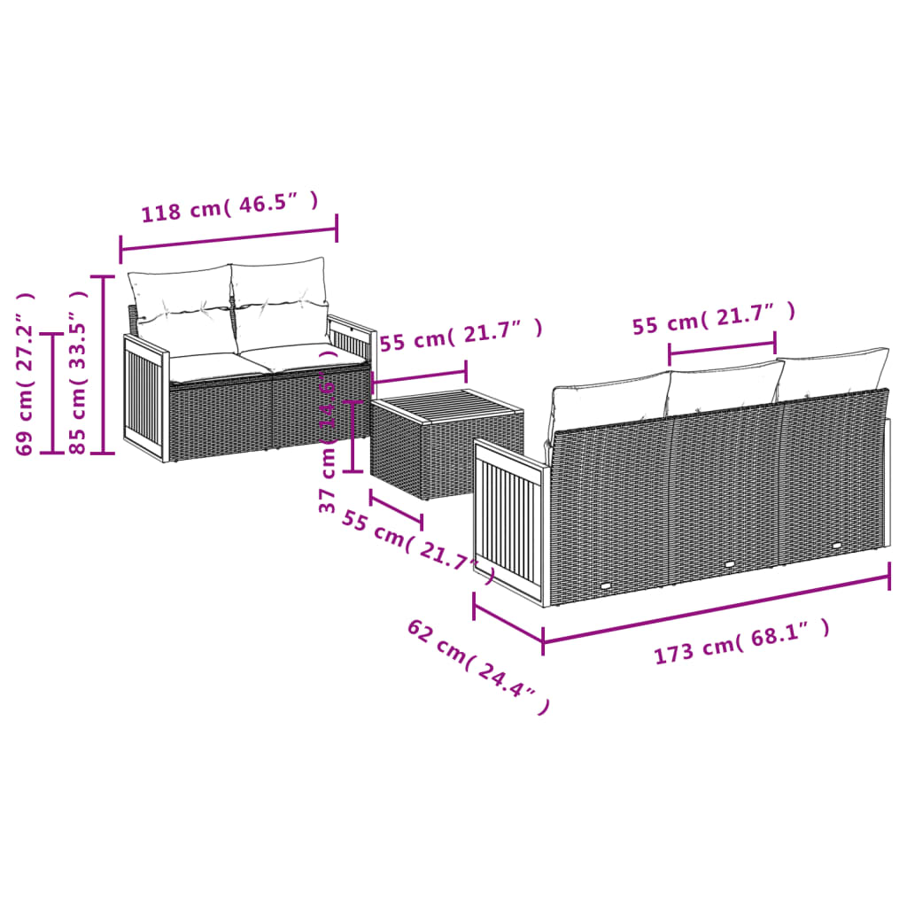 6 pcs conjunto de sofás p/ jardim com almofadões vime PE bege