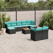 10 pcs conjunto de sofás p/ jardim c/ almofadões vime PE preto