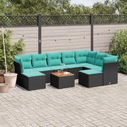 10 pcs conjunto de sofás p/ jardim c/ almofadões vime PE preto